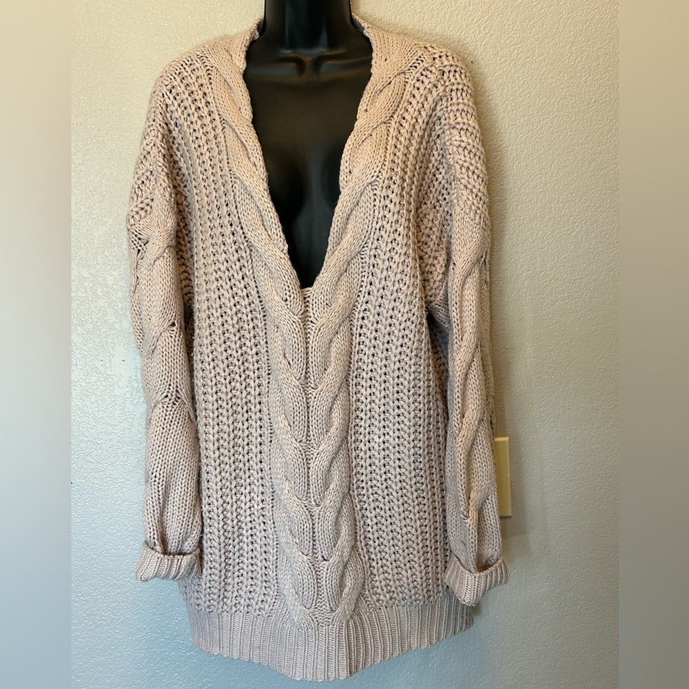 Wishlist V-Neck Cable Knit Oversized Long Sweater Blush Pink Valentine's Day M/L